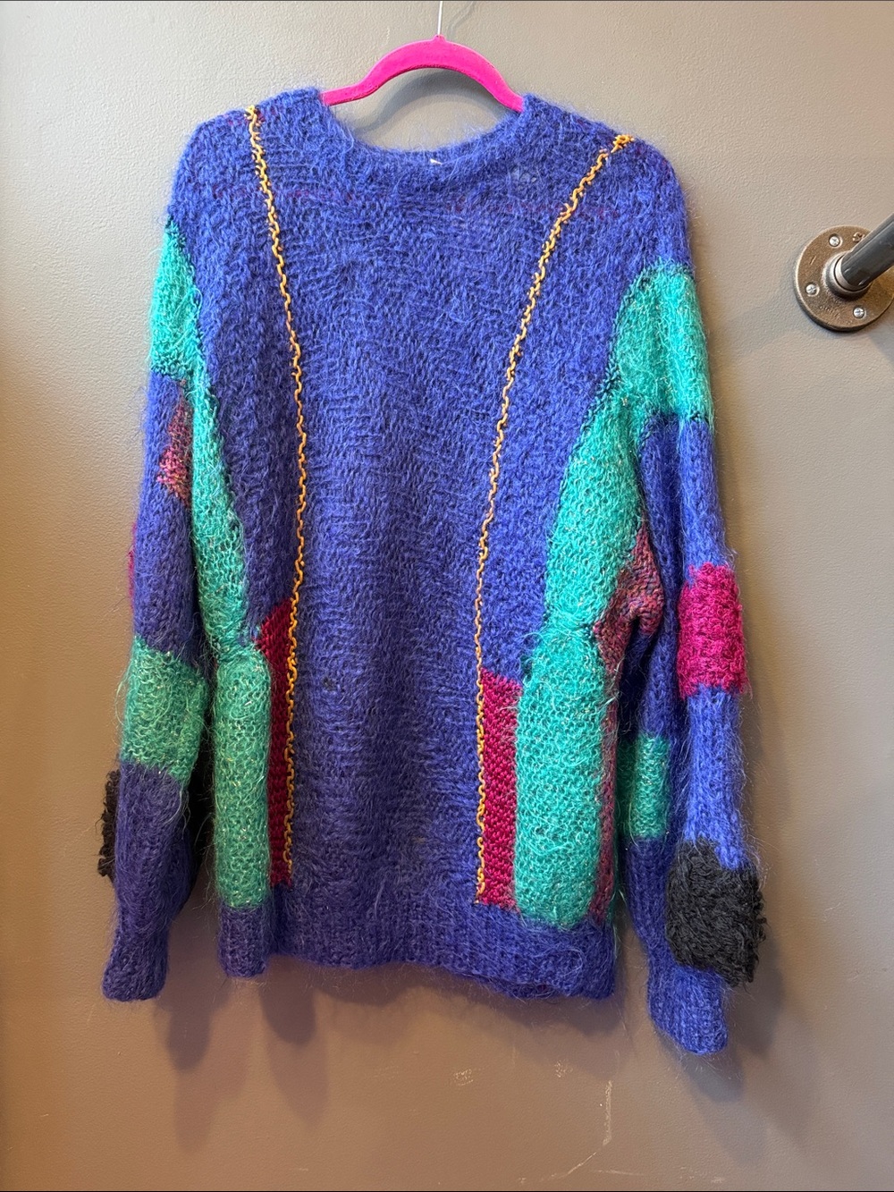 Vintages Harrods Purple Fuzzy Crewneck Sweater with Teal and Pink Panels
